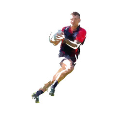 Rugby player in dark jersey running with ball, colorful polygonal vector illustration. Low poly