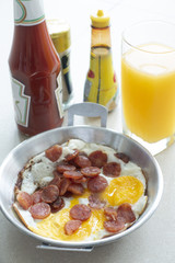 Homemade breakfast egg, Chinese sausage and orange juic