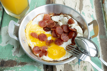 Homemade breakfast egg, Chinese sausage and orange juic