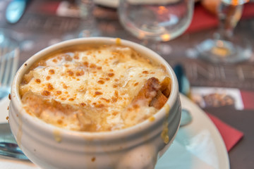 French Onion Soup served in a restaurant in Chamonix, Auvergne-Rhône-Alpes in France