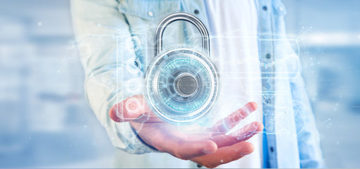 Man holding a padlock security technology interface 3d rendering
