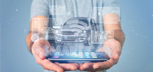 Man holding a Dashboard smartcar interface dashboard 3d rendering