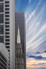 View of Chicago downtown with people and skyscrapers, Illinois, USA 