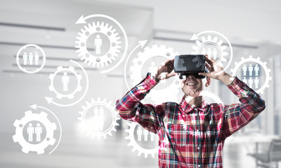 Guy wearing checked shirt and virtual mask demonstrating some emotions