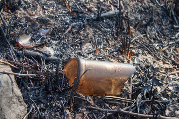 Obraz premium Landscape after the fire, bottle on burned grass