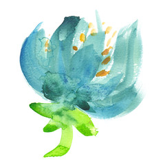 Single big abstract turquoise blue flower with bright green stem painted in watercolor on clean white background