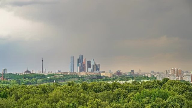 Timelapse of aerial wiev on Moscow city at rainy summer day