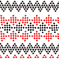 Simple ethnic black and white and red triangles and rhombus seamless pattern, vector