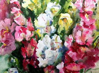 Abstract bright colored decorative background . Floral pattern handmade . Beautiful tender romantic spring bouquet of flowers  , made in the technique of watercolors from nature.