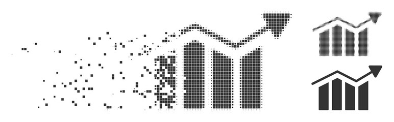 Dispersed bar chart trend dotted icon with disintegration effect. Halftone pixelated and undamaged entire gray versions. Dots have rectangle shape.