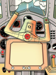 The steering cabin and the helm of the plane. View from the cockpit of the pilot. Digital illustration.