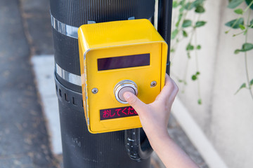 横断歩道の歩行者の用押しボタンを押す