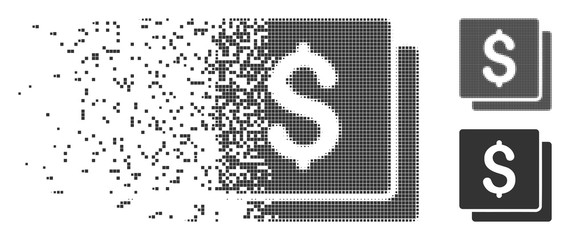 Dissolved finances pixel icon with disintegration effect. Halftone dotted and intact entire gray variants. Dots have rectangle shape. Pixels are composed into dissipated finances figure.