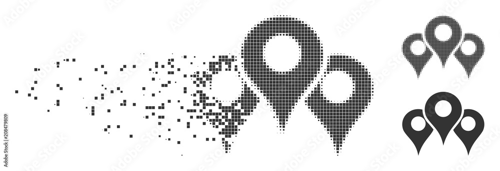 Poster dissolved map locations dotted icon with disintegration effect. halftone pixelated and intact entire