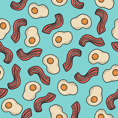 Seamless vector pattern with breakfast. Eggs and bacon on turquoise. For textile, wrapping, craft