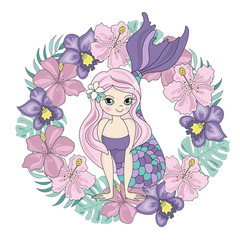 Sea Ocean Tropical Summer Vector Colorful Illustration MERMAID FLOWER art projects, prints, T-shirts, posters, bags, scrapbooking, cardmaking, planner stickers, postcards, invitations, fabrics