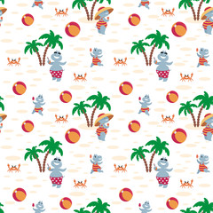 Children’s seamless pattern with fun hippos on vacation. Vector background in cartoon style.