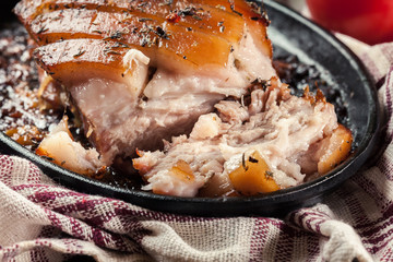 Still hot baked pork belly or bacon