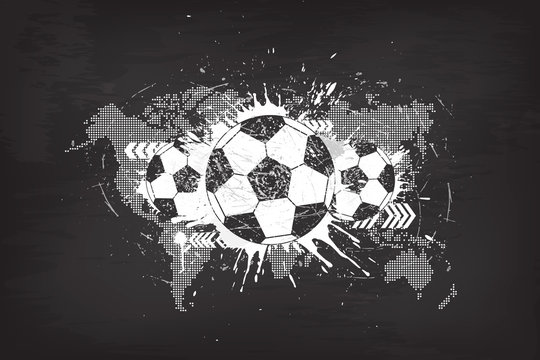 Grunge abstract football background with world map and dust particle on blackboard texture . Flat design . Vector for international world championship tournament cup 2018
