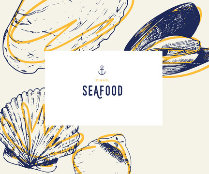 Seafood banner set. Hand drawn mussels , oyster. Vector restaurant menu. Marine food banner, flyer design. Engraved isolated art. Delicious cuisine objects. Use for promotion, market, store banner.