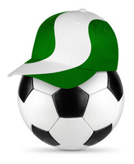 Classic black white leather soccer ball with nigeria nigerian flag baseball fan cap isolated background sport football concept
