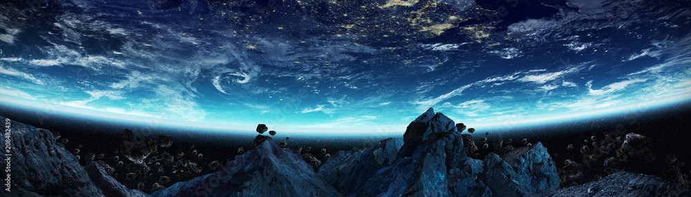 Wall mural panoramic view of planet earth with asteroids flying close 3d rendering elements of this image furni