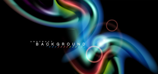 Color shiny light effects on black, liquid style multicolored wavy shape