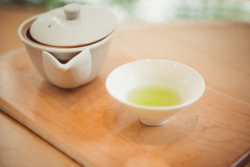 Japanese Sencha Tea Leaves. Top view with copy space
