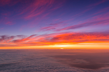 Beautiful sunrise seen from the top of the Mount Fuji, Japan.