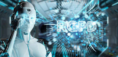 Obraz na płótnie Canvas White cyborg woman using digital GDPR interface 3D rendering