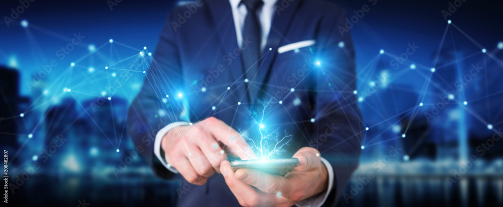 Poster businessman using futuristic connection interface 3d rendering