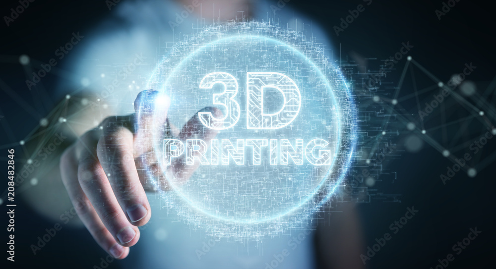 Poster businessman using 3d printing digital hologram 3d rendering