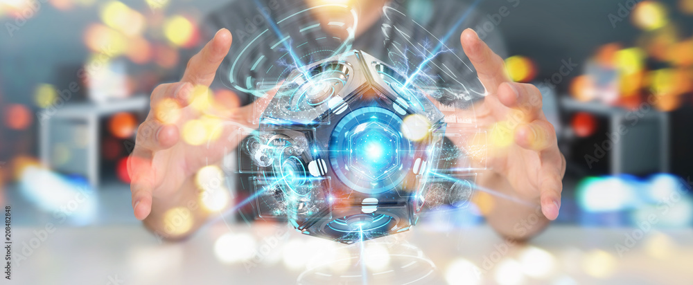 Poster businessman using futuristic drone security camera 3d rendering
