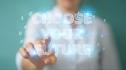 Businesswoman using future text interface 3D rendering