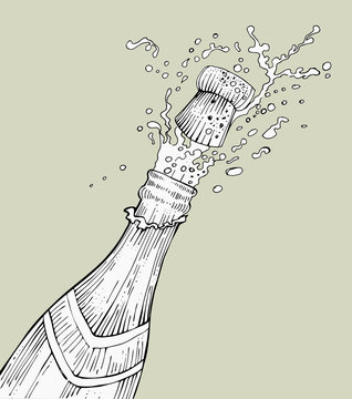 Opening champagne bottle popping, vector, outlines Stock Vector | Adobe  Stock