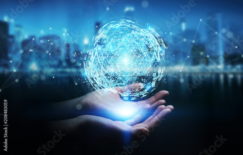 Businesswoman using digital triangle exploding sphere hologram 3D rendering