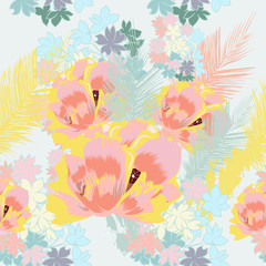 Beautiful exotic tropical pattern with pink flowers and palm leafs