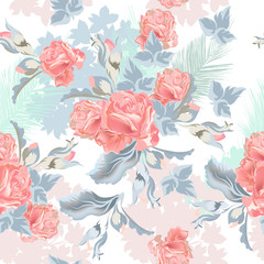 Beautiful tropical vintage  pattern with pink rose flowers and palm leafs
