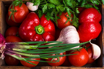 Raw vegetables with water drops
