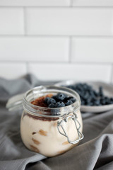 A healthy dessert  tiramisu with blueberries. 