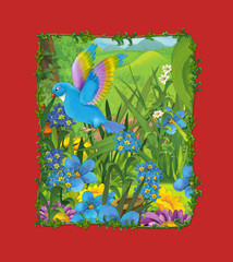cartoon scene with beautiful bird on the meadow - blue bird - illustration for children