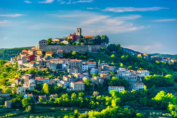 Motovun town landscape scenic. / Scenic view at idyllic medieval town on hill in Croatia, Motovun...