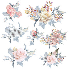 Collection of vector realistic pastel roses for wedding design in vintage style