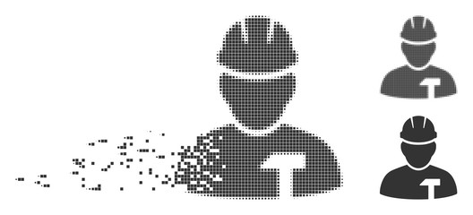 Fractured builder person dotted icon with disintegration effect. Halftone pixelated and undamaged solid gray versions. Dots have rectangular shape.