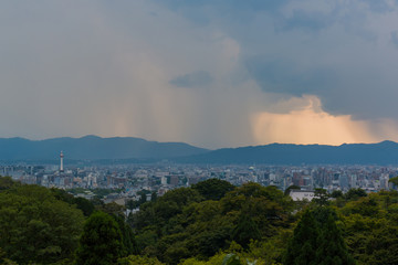 Kyoto City in summer with dramatic sky in dusk. view from Kiyomizu dera