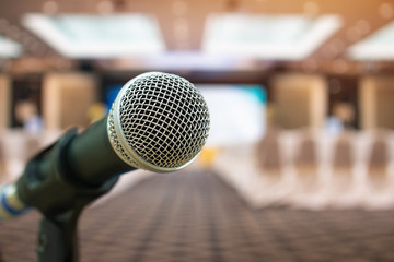 Seminar Conference Concept : Microphones for speech or speaking  in seminar room, talking for...