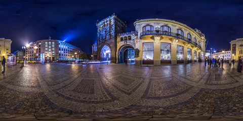 3D spherical panorama of the Powder Tower in Prague at night with 360 viewing angle. Ready for virtual reality. Full equirectangular projection. - obrazy, fototapety, plakaty
