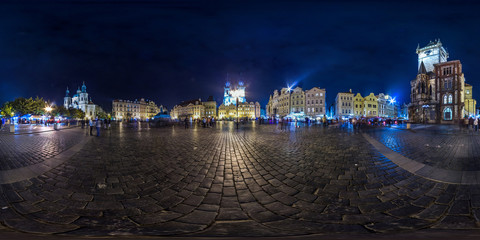 Old Town Square at evening at Prague. Autumn. 3D spherical panorama with 360 viewing angle. Ready for virtual reality. Full equirectangular projection.
