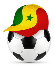 Classic black white leather soccer ball senegal  Senegalese flag baseball fan cap isolated background sport football concept