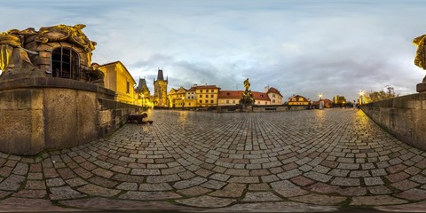 Charles Bridge at evening Prague. Autumn. 3D spherical panorama with 360 viewing angle. Ready for virtual reality. Full equirectangular projection.